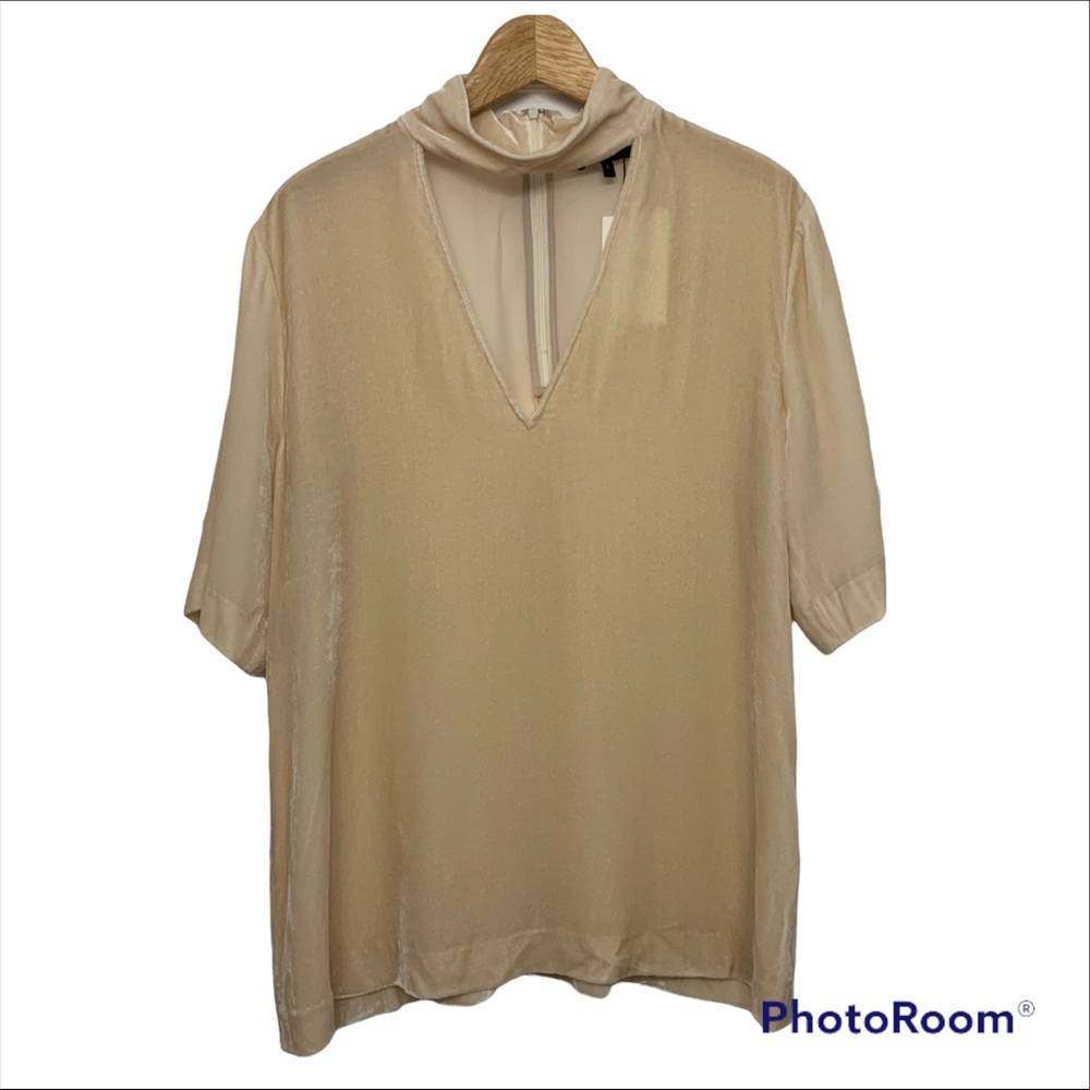 Theory Split-Collar V-Neck Velvet Top Champagne Ivory Size Large NWT